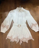 Plataz Australian Vintage Lantern Sleeve Flower Embroidered White Shirt + High-Rise Thin Belt Shorts Set