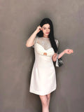 Plataz Luxury Niche Nail Bead Dress 2024 Spring And Summer Neckpeel Bow High-Level Feeling Beautiful Female Pure White Short Dress Woman