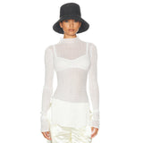 Plataz Women's Ultra-Thin Perspective Knitting High-Neck Long Sleeve Open Coat DJPT