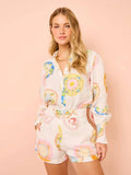 Plataz And Summer 2024 Australian Seaside Holiday Wind Leisure Long-Sleeved Shirt + With Belt High-Rise Printed Shorts Set For Women