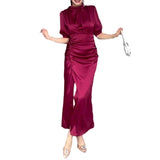 Plataz French Bubble Sleeve Dress Slim Slim Light Luxury Sexy Long Dress Girl