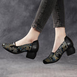 Plataz Beauty Real Leather National Wind Coarse And Shallow Print Comfortable Chinese Style Original Fashion Mother Shoes Lefu Shoes High Quality Shoes