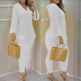 Plataz Explosion Color New Plain Horn Sleeve V Collar Top And Trousers Fashion Lady Set DJPT