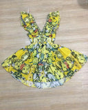 Plataz Lady Holiday Style Sexy V Collar Leaves With No Sleeves To Close The Waist Thin Yellow Print A-Shaped Dress Skirt