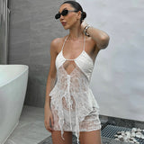 Plataz Women's Perspective Hollow Hanging Neck Sling Lace Skirt Suit DJPT