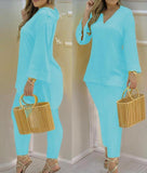Plataz Explosion Color New Plain Horn Sleeve V Collar Top And Trousers Fashion Lady Set DJPT