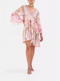Plataz Niche Silk Silky Retro Court Print V Collar Horn Sleeves Loose Waist Small Flowing Dress