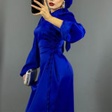 Plataz Women's New Round-Neck Lantern Sleeve Dress Side Belt With Body-Repair Dress Dress