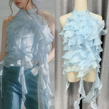 Plataz 2025 Spring And Summer Ice Blue Wave Ribbon Lace Strapped Clothes