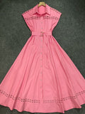 Plataz Spring And Summer Holiday Wind Collar Lace Splicing Hollow Belt Shirt Dress Dress
