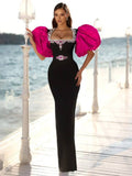 Plataz New Heavy Industry Diamond-Stuffed Temperament Rose Red Bubble Sleeve Banded Dress Banquet High-End Evening Dress