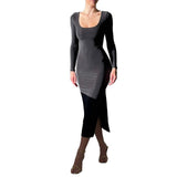 Plataz 2025 New Solid-Color Long-Sleeved Bag-Pupled With Open-Fork Elastic Dress