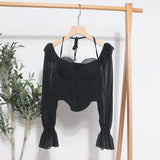 Plataz Girls Shoulder-Hanging Neck With Long-Sleeved Slings With Smear Wooden Ear-Deared Shirt Short With Chest Cushion Top DJPT