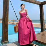 Plataz Holiday Summer French Rose Red Sling Corset Dress High-End Waist Big Skirt Beach Dress
