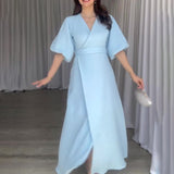 Plataz Women's Summer V Tie With Bubble Sleeve High Waist Slim Slim Dress