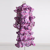 Plataz Court Style 2025 Summer Collar Long Horn Sleeve Design Lotus Side Hem Long Printed Dress