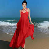 Plataz Dress Sexy Temperament Hanging Neck Hanging Dress Women Summer Dress Red Bare Back Seaside Vacation