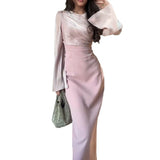 Plataz Women's Autumn Round-Neck Long Sleeve Splicing Long Skirts To Repair Height Waist Skirt Women