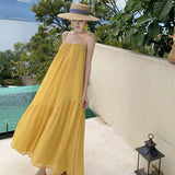 Plataz Seaside Holiday Yellow Bareback Sling Skirt Chiffon Design Long Dress Thai Bali Beach Dress