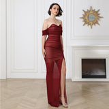 Plataz One-Word Shoulder Mesh Folded Folded Banded Dress Sexy Tight Temperament Dress
