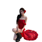 Plataz Sexy Pure Lust Wind Heavy Industry Lotus Side Drag Tail Irregular Braid Dress Holiday Red Chiffon Dress