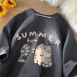 Plataz Cotton Shoulder Summer New Round Collar Short-Sleeved T-Shirt Cute Kitten Print Loose Blouse DJPT