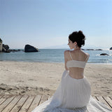 Plataz Breast Slings White Languing Folded Long Skirt Banquet Dress Holiday 100 Folded Beach Dress Girl