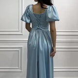 Plataz Women's Summer French Style Collar Bubble Sleeve High-Rise Body-Daughter Collared Collar