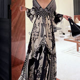 Plataz New Elegant V-Neck Print Blouse Dress