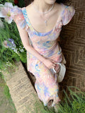 Plataz Oil Painting Pink Dress Women's New Summer Temperament To Collect Waist Thin Sling Skirt Holiday Long Broken Floral Dress HZ0628