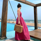 Plataz Holiday Summer French Rose Red Sling Corset Dress High-End Waist Big Skirt Beach Dress
