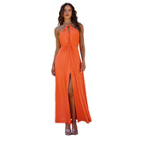 Plataz Women's Solid Color Hanging Neck Chain Hollow Open Fork Dress DJPT