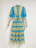 Plataz Autumn New French Retro Printing Splicing Process Single Buckle Belt Belt Waist Long Dress Dress Woman