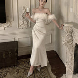 Plataz One-Word Shoulder Dress Female Spring And Autumn Dress High-End Feeld With The Evening Dress Waist Temperament Fishtail Dress