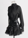 Plataz Temperament Sister Style Dress Woman 2025 Summer High-Grade Folded Long Sleeve High-Waisted Leaf Side Short Dress Women's Dress