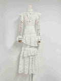 Plataz Summer New Collar Horn Long Sleeve With Waist Hollow Lace Dress Suit Woman