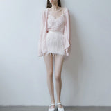 Plataz 2024 New Lace Embroidered Cardigan Vest Feather Dress Tender Gentle Romantic Three-Piece Set
