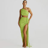 Plataz Irregular Shoulder Wrinkled Chest Skirt Woman 2025 Summer New Sexy Bare-Backed Rope Open Fork Dress HZ0628