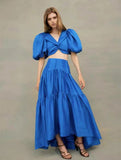 Plataz Bubble Bubble Sleeve Short Sleeve Back Single Buckle Kinesion Wrapped Blouse + High Waist Half-Dress Skirt Suit