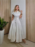 Plataz Spring And Summer Holiday Wind Collar Lace Splicing Hollow Belt Shirt Dress Dress