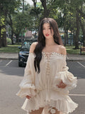 Plataz Shoulder Strapped With Long-Sleeved Dress Women's Early Autumn French White Short Dress Design Feel Waist Temperament A-Character Skirt
