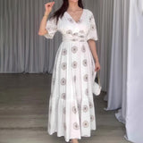 Plataz Women's Summer Fashion Vcollar Bubble Sleeve High-Waist Print Splicing Body Dress