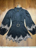 Plataz Australian Vintage Lantern Sleeve Flower Embroidered White Shirt + High-Rise Thin Belt Shorts Set