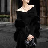 Plataz Zhao Sanguan 2024 New One-Word Shoulder Elastic Wrinkled Top Elegant Long-Sleeved T-Shirt
