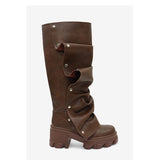 Plataz Women's Shoes New High-Heeled Thick-Hed Thick-Sed Round Head Metal Rivets Two Piles Of Heaps And Knee Boots Large Size Women's Shoes High Quality Shoes