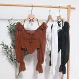 Plataz Girls Shoulder-Hanging Neck With Long-Sleeved Slings With Smear Wooden Ear-Deared Shirt Short With Chest Cushion Top DJPT