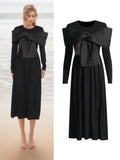 Plataz Retro-Styled Niche 2025 Summer New Round-Neck Long-Sleeved Yarn Bow Design Women's Dress