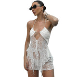 Plataz Women's Perspective Hollow Hanging Neck Sling Lace Skirt Suit DJPT