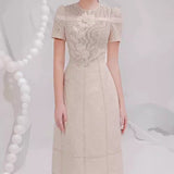 Plataz 2025 Three-Dimensional Flower Embroidered Hollow Dress Round Collar Short-Sleeved Relief Dress