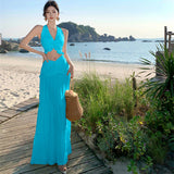 Plataz Style Sexy Hottie Suit Female V-Neck Hanging Neck Sling Vest High-Waisted Long Skirt Two Sets